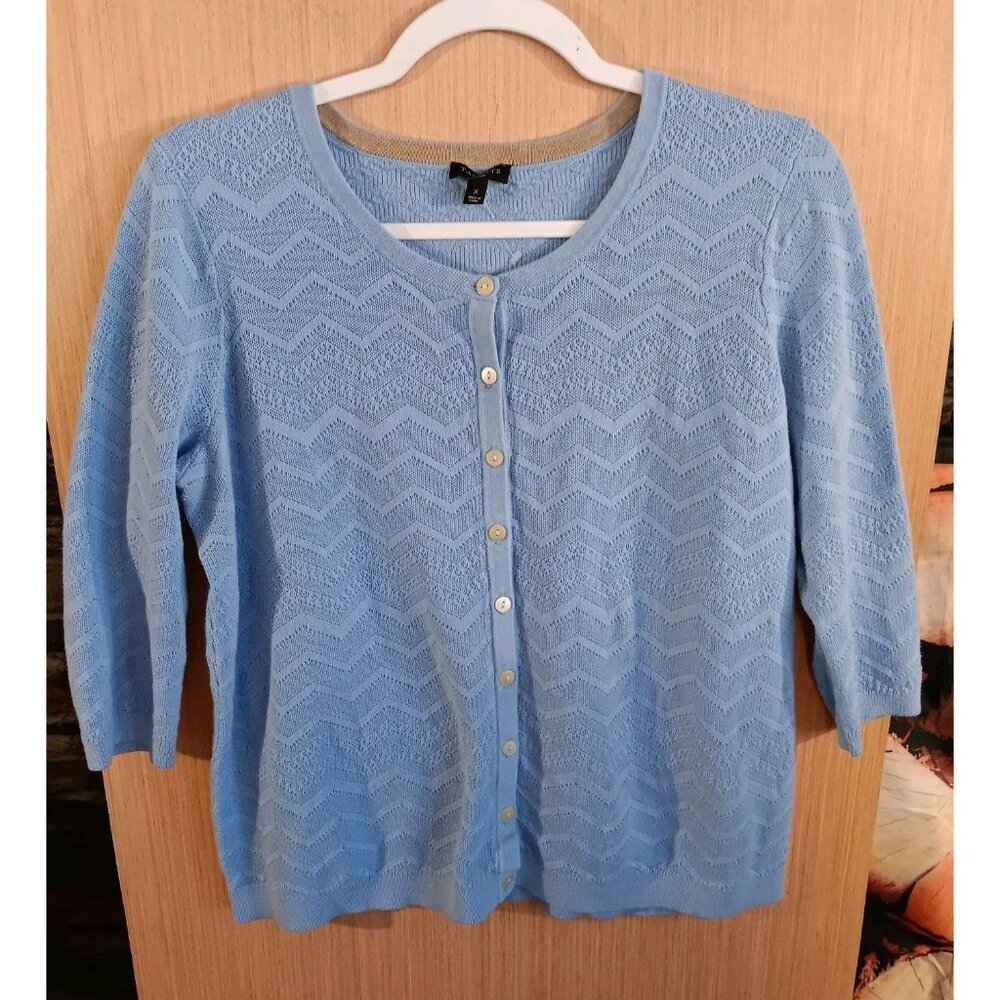 Talbots Size X‎ Woman Blue Chevron Pattern Cotton Blend 3/4 Sleeve Cardigan